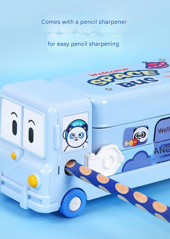 2-pcs (One pink and one blue) Fun School Bus Pencil Box with Built-in Sharpener - 3 Layer Large Capacity V888-ELOSUNG26255