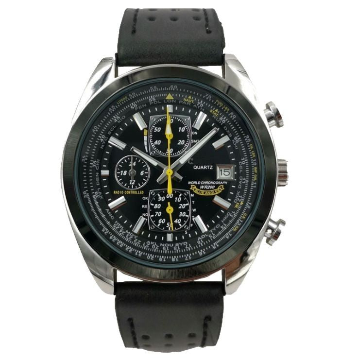 Leather Strap Black Dial Elegant Men's Quartz Chronograph Watch with 42mm Case and Perpetual Calendar V888-ELOSUNG26274