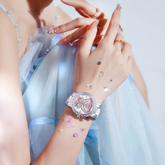 Women's Butterfly Quartz Watch with Ceramic Steel Strap and Luminous Hands (Silver shell powder surface steel V888-ELOSUNG26278