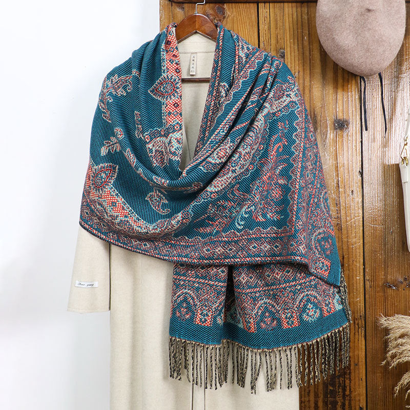 Style 3 Women's Ethnic Faux Cashmere Shawl Wrap - Jacquard Pattern Tassel Scarf (A unique blue) V888-ELOSUNG26317