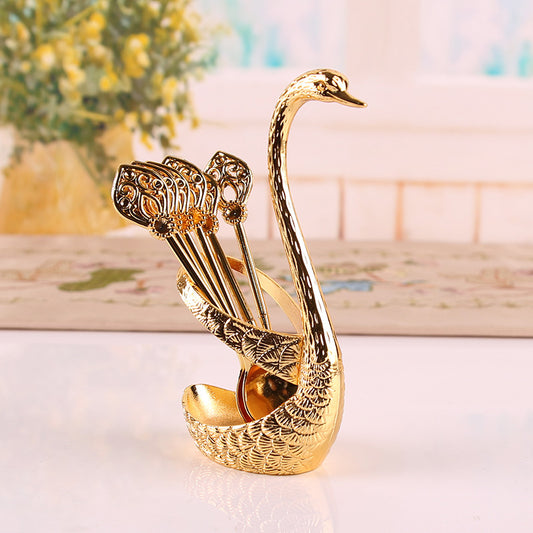Gold Elegant Swan Cutlery Holder Set with 6 Dessert Spoons V888-ELOSUNG26347
