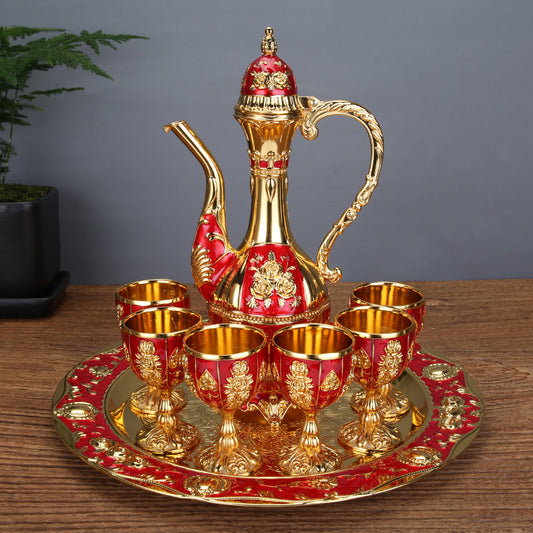 Vintage Palace Style Liquor Serving Set - Metal Pot, 6 Cups & Tray (Golden Red) V888-ELOSUNG26391