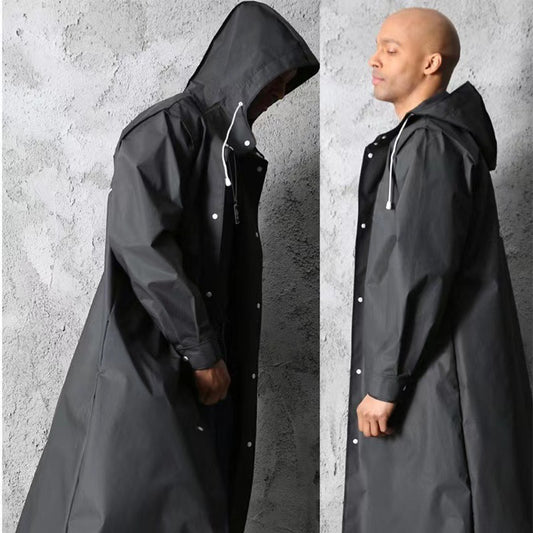 Stylish Black Trench Raincoat - Extra Long, Hooded, for Hiking & Fishing - L V888-ELOSUNG26642