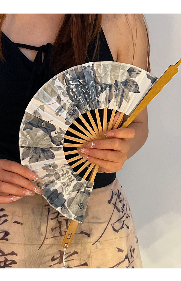 2 PCS Floral Bamboo Folding Hand Fan - Traditional Chinese Style Round Folding Design (Elegant ink flower) V888-ELOSUNG26646
