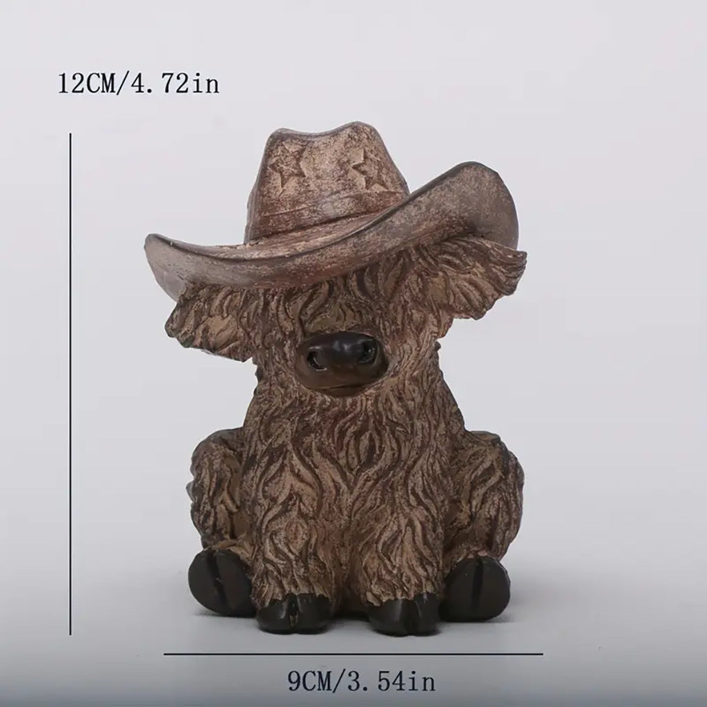 Rustic Highland Cow Statue with Cowboy Hat - Resin Farmhouse Decor V888-ELOSUNG26736