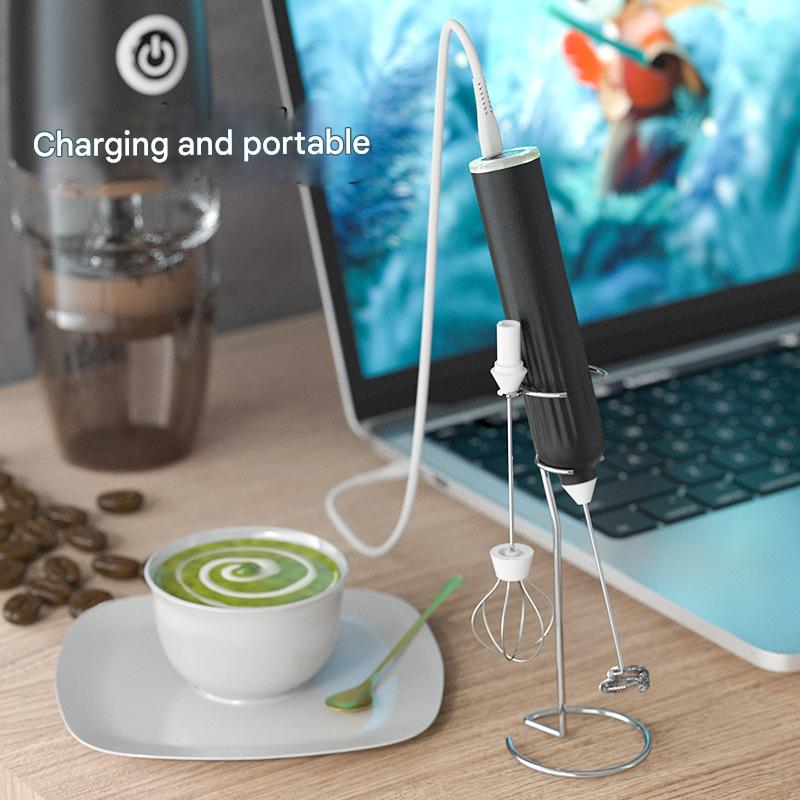 White USB Rechargeable Milk Frother - 3-Speed Handheld Electric Whisk with Stand V888-ELOSUNG26907