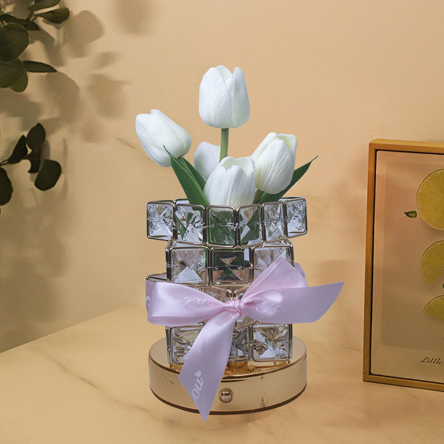 Yellow Elegant Crystal Tulip LED Night Light - Rechargeable Touch Lamp with 3 Colors & Dimming V888-ELOSUNG27062