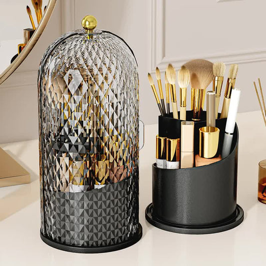 Black Elegant 360 Rotating Makeup Brush Holder & Cosmetic Organizer with Dustproof Dome Lid(Makeup is a prop V888-ELOSUNG27106