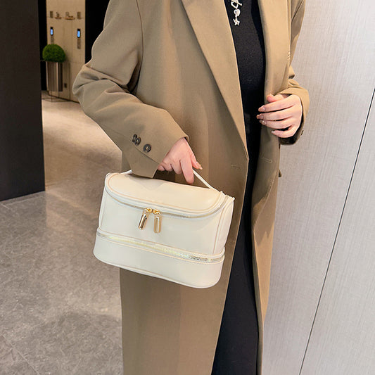 Beige Large Capacity Double Layer PU Leather Makeup Bag - Portable Travel Cosmetic Organizer Case V888-ELOSUNG27148