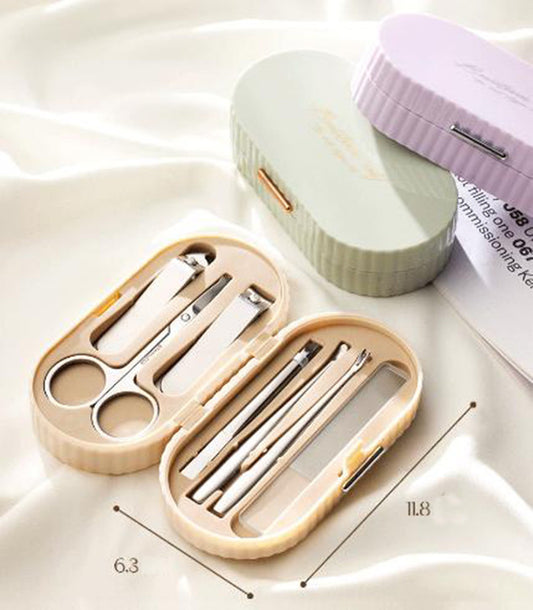 Beige Compact 7-Piece Manicure Set - Stainless Steel Nail Grooming Kit with Stylish Travel Case V888-ELOSUNG27225
