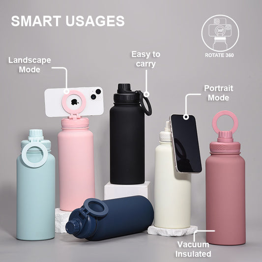 Beige 1L Stainless Steel Water Bottle with Magnetic Phone Holder Lid - Portable Hydration & Hands-Free Stand V888-ELOSUNG27242