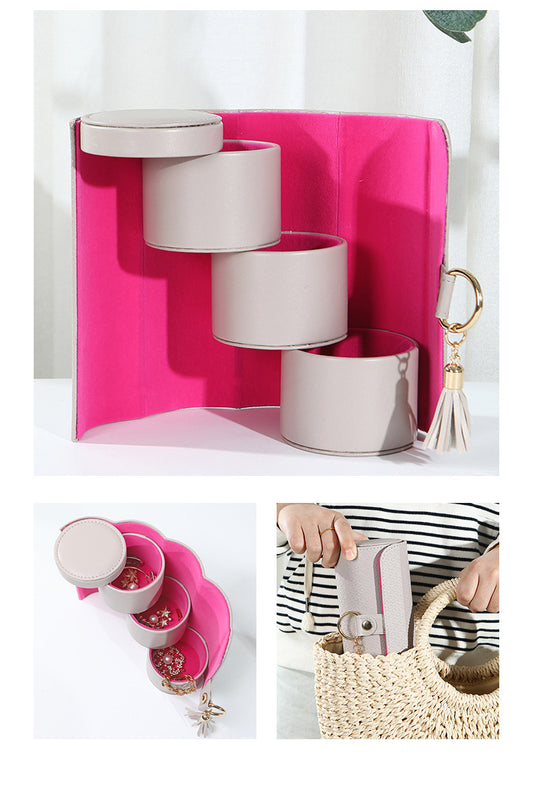 Beige and Pink Elegant 3-Tier Cylindrical Travel Jewellery Box - PU Leather Organizer for Rings Earrings V888-ELOSUNG27348
