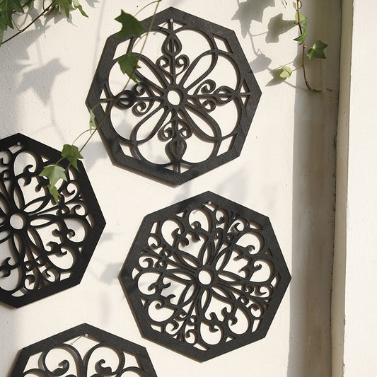 Black Set of 4 Intricate Wooden Octagonal Wall Art - European Style Mandala Decor Plaques V888-ELOSUNG27436