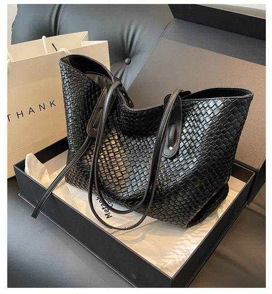 Black Chic Woven PU Leather Tote Bag - Large Capacity Casual Shoulder & Handbag for Women V888-ELOSUNG27547