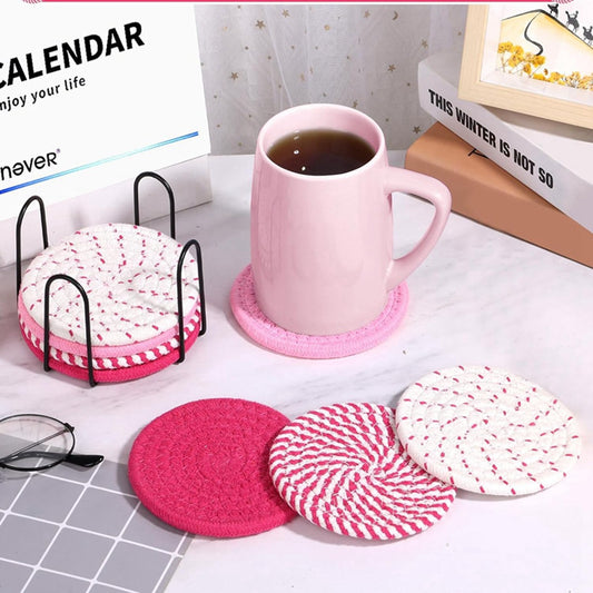 Beige Absorbent Woven Cotton Coasters - Set of 8 with Metal Holder - Heat Resistant Drink Mats for Table V888-ELOSUNG27631