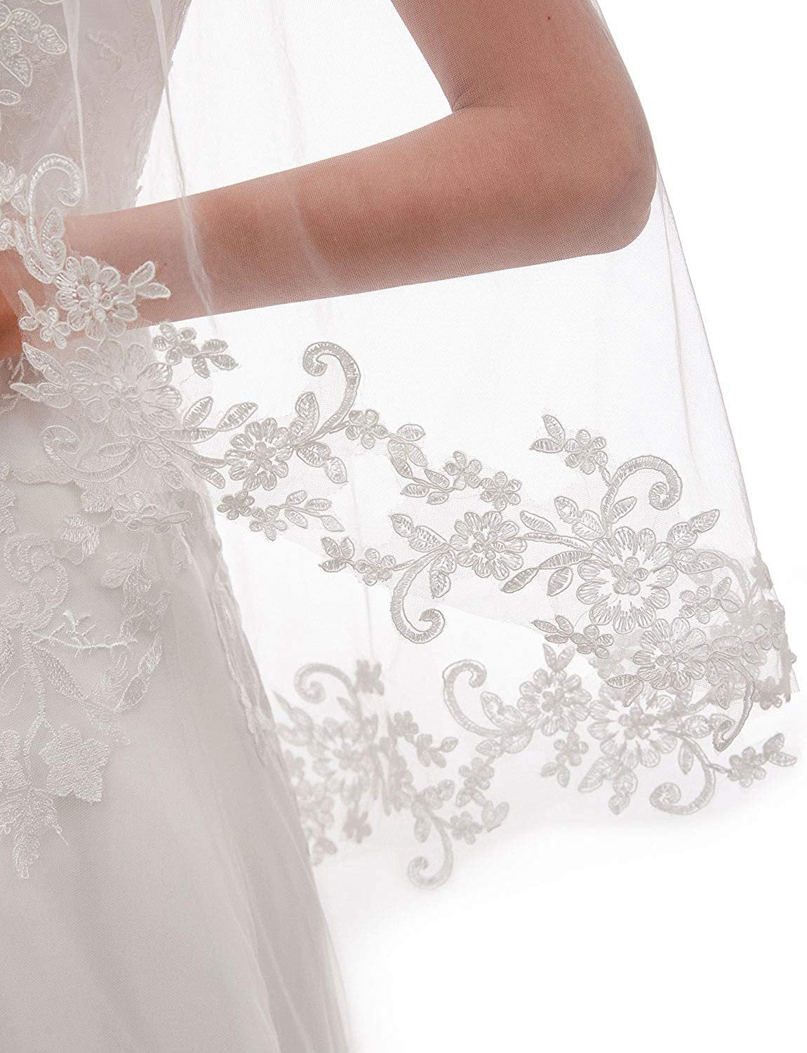 White Elegant Short Bridal Veil - Single Tier with Delicate Lace Applique Edge - Wedding Hair Accessory V888-ELOSUNG27787
