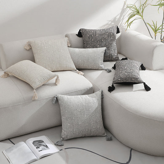 Beige Chic Geometric Jacquard Cushion Covers with Tassels - Set of 2, Plush Blend for Sofa & Bed Decor V888-ELOSUNG27818