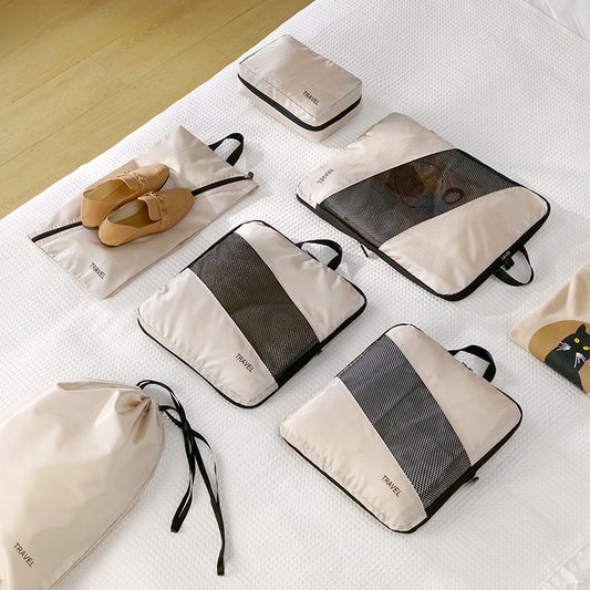 Beige and Black Premium 6-Piece Compression Packing Cubes Set - Lightweight Polyester Travel Organizers for V888-ELOSUNG27965