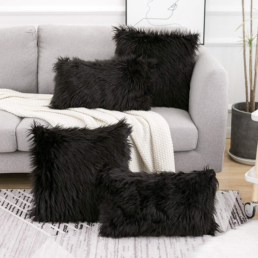 Black Luxurious Long Faux Fur Cushion Covers - Set of 2, 45x45cm Soft Plush Decorative Pillowcases for Sofa & V888-ELOSUNG27968