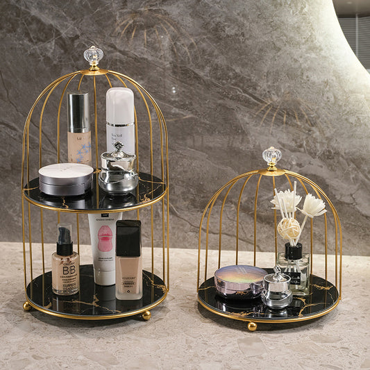 Gold and Black Elegant 2-Tier Gold Birdcage Cosmetic Organizer - Wrought Iron Countertop Storage Rack for V888-ELOSUNG27986