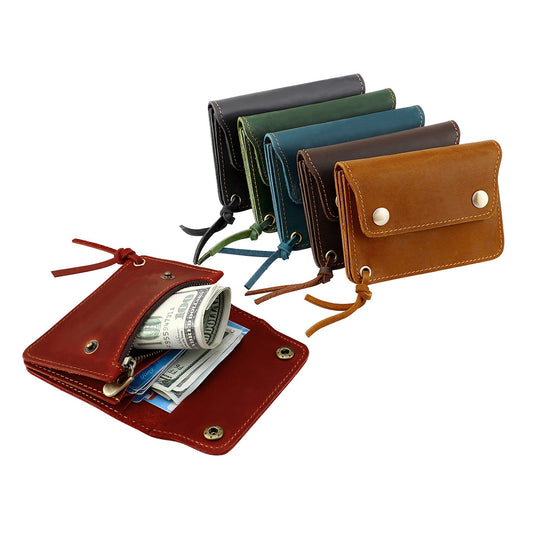 Black Vintage Handmade Crazy Horse Leather Wallet - Compact Card Holder & Zippered Coin Purse with Snap V888-ELOSUNG27996