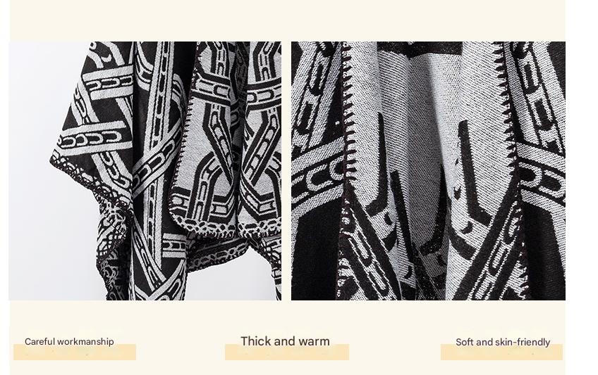 Black-white Bohemian Ethnic Print Blanket Poncho - Warm Windproof Oversized Shawl Wrap (130x150cm) V888-ELOSUNG28056