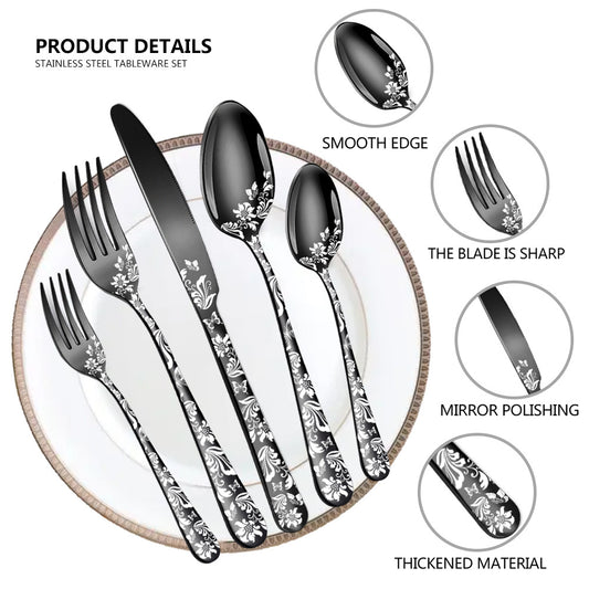 Gold Elegant 20-Piece Stainless Steel Cutlery Set with Floral Design - Dinner & Steak Knives, Forks, Spoons V888-ELOSUNG28243
