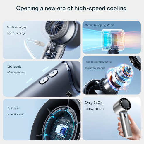 Grey Mini Bladeless Handheld Fan - USB Rechargeable, Quiet Portable Desk Fan V888-ELOSUNG28260