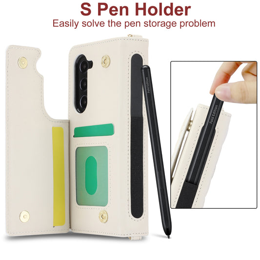 Brown Galaxy Z Fold3 Multi-Functional Leather Wallet Case for Samsung Z Fold Series - Crossbody with Pen V888-ELOSUNG28434