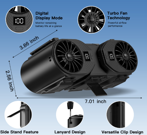 Black Portable Turbo Waist Fan with Digital Display and Dual Air Outlets V888-ELOSUNG28618