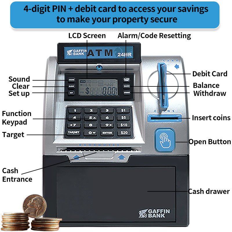 Kids ATM Savings Bank - Electronic Piggy Bank with Debit Card, PIN(black) V888-ELOSUNG29044