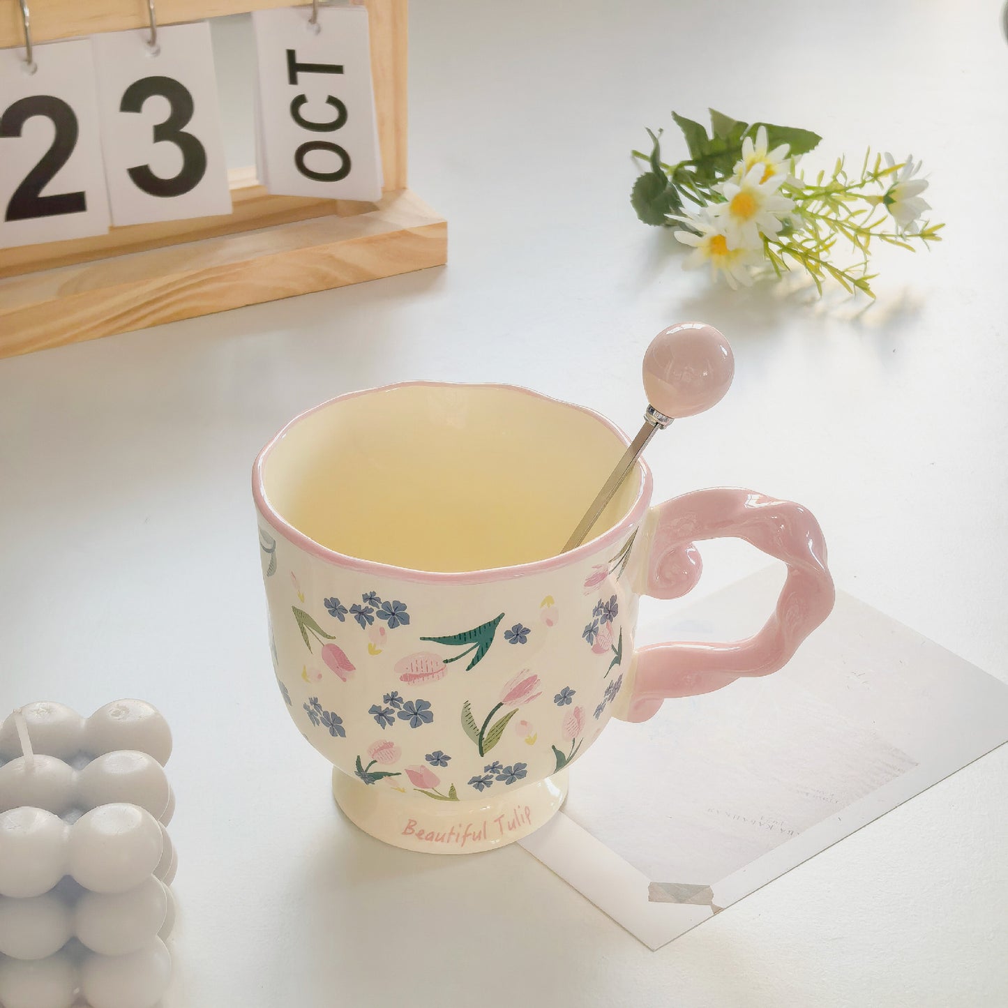 Elegant Ceramic Mug with Sculpted Handle,400ml Vintage Inspired Pedestal Design(Blue) V888-ELOSUNG29115