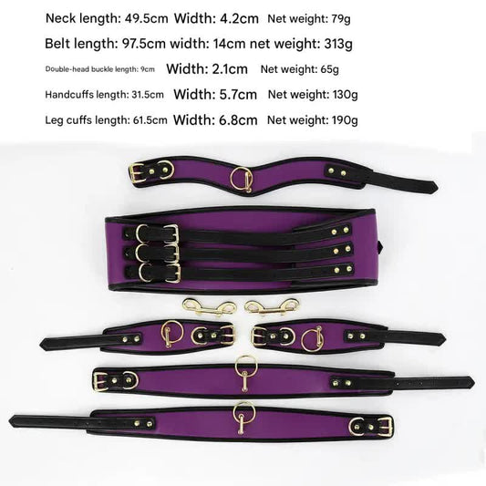 Adjustable PU Leather Bondage Restraint Set - Collar, Waist Belt, Hand & Leg Cuffs with Connectors(purple) V888-ELOSUNG29408