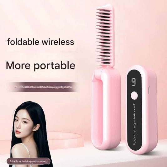 Foldable Wireless Hair Straightener Comb - 9 Temperature Settings, Anti-Scald, USB-C Rechargeable(pink) V888-ELOSUNG29669