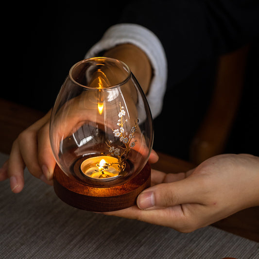 Windproof Glass Candle Cover with Wood Base - For Tealights, Zen Home Accent (Plum blossom candlestick) V888-ELOSUNG31011