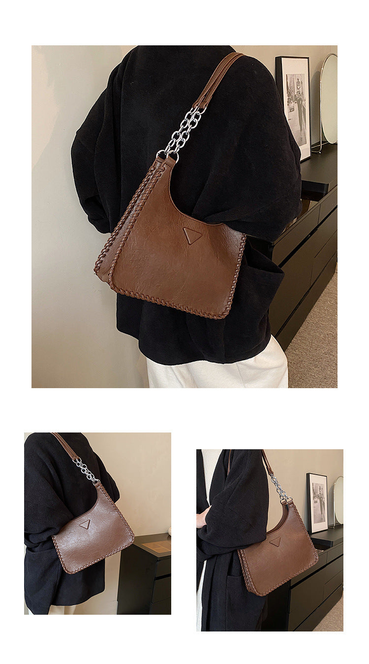 Coffee Chic PU Leather Shoulder Bag with Chain Strap & Whipstitch Detail V888-ELOSUNG31103
