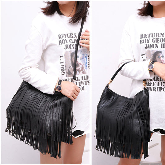 Chic Black Double Fringe Hobo Bag - Convertible Microfiber Leather Shoulder & Crossbody Purse V888-ELOSUNG32009