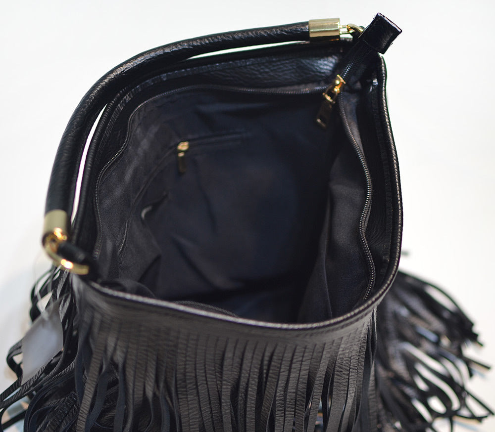 Chic Black Double Fringe Hobo Bag - Convertible Microfiber Leather Shoulder & Crossbody Purse V888-ELOSUNG32009