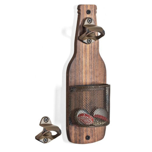 Brown Rustic Wooden Wall-Mounted Bottle Opener with Cap Catcher - Vintage Beer Opener for Bar & Kitchen V888-ELOSUNG32074