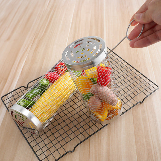 Silver 2-Piece Rolling Stainless Steel BBQ Grill Basket Set (Small & Large) - 304 Food-Grade Grilling Cages V888-ELOSUNG32259
