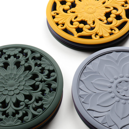 Elegant Floral Silicone Trivet Mat Set (3-Pack, Black) - Heat Resistant, Non-Slip Kitchen Hot Pads & Pot V888-ELOSUNG32338