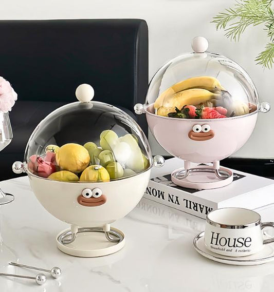 Beige Whimsical Covered Fruit Bowl with Flip Lid & Drainer - Cute Design Snack & Candy Dish for Living Room V888-ELOSUNG32430