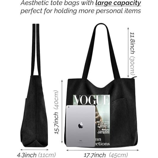Black Stylish Corduroy Canvas Tote Bag - Fashionable and Retro Shoulder Bag V888-ELOSUNG32662
