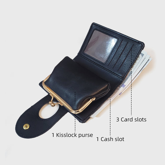 Black Elegant Croc Embossed Womens Wallet - Short PU Leather Bifold with Removable Kisslock Coin Purse & Card V888-ELOSUNG328020