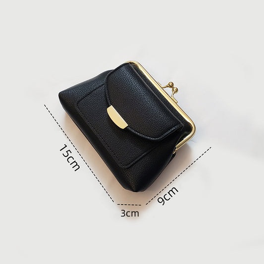 Black Vintage Style Women's Kiss Lock Coin Purse - Compact PU Leather Wallet with Card Holder V888-ELOSUNG32816