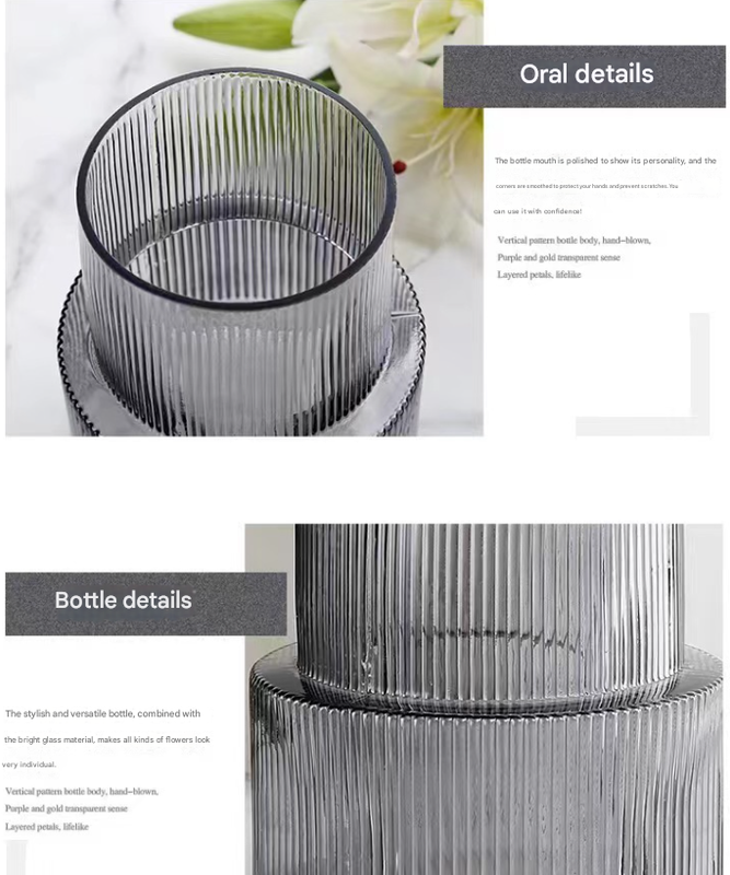 Transparent Modern Two-Tier Ribbed Glass Vase - Elegant Cylindrical Flower Centrepiece for Home Decor V888-ELOSUNG32844