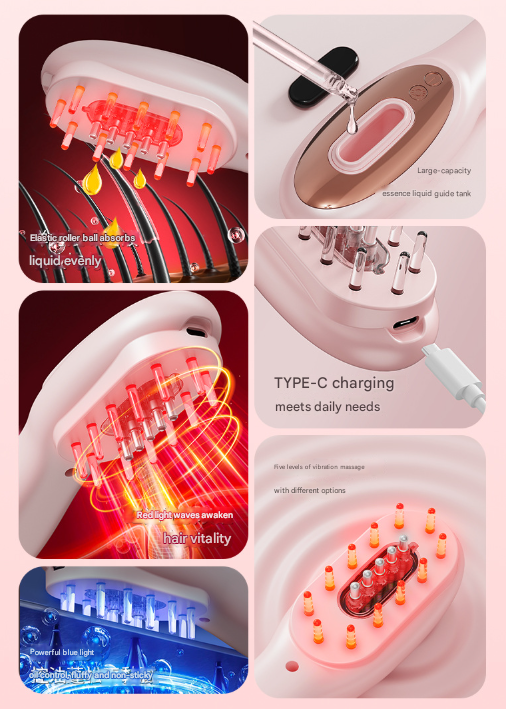 Black Rechargeable Electric Scalp Massager with Red & Blue Light Therapy - Hair Oil & Serum Applicator V888-ELOSUNG32893