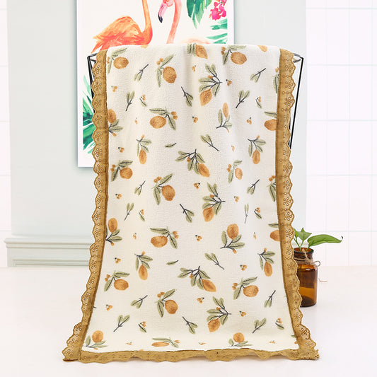 Beige Vintage Floral Lace Trim Towel Set - Ultra Soft Absorbent Coral Fleece Bath & Face Towel V888-ELOSUNG32914