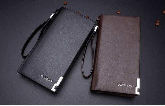 Black Men's Business Casual Long Wallet Clutch - PU Leather Large Capacity Phone & Card Holder with Wrist V888-ELOSUNG32976