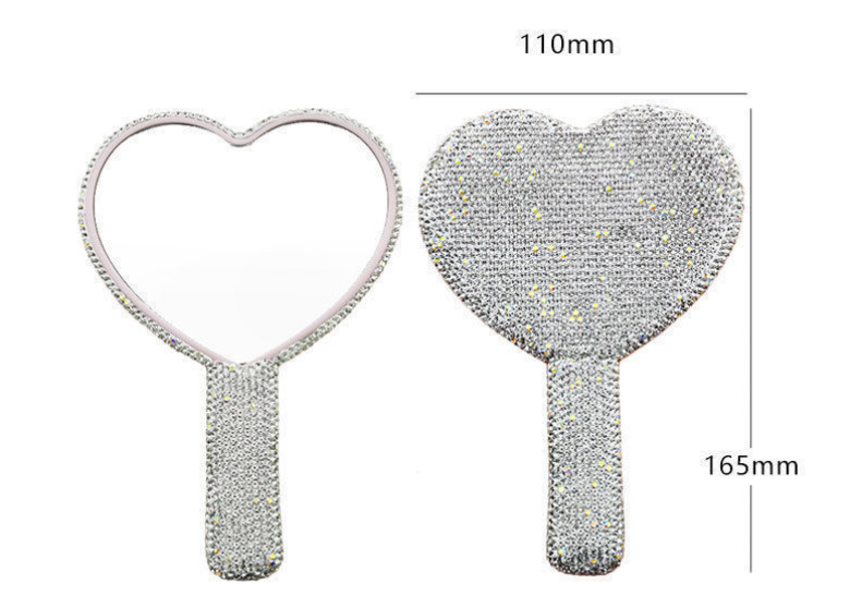 2PCS White Glamorous Diamond-Encrusted Heart Handheld Mirror - Luxe High-Definition Makeup Essential V888-ELOSUNG33243